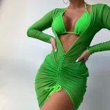 Women 3 PieceTriangle Halter High Cut Mesh Drawstring Cover Up Bikini Swimsuit