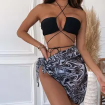 Women 3 Pieces Criss Cross Halter Tie Side High Cut Bikini Swimsuit