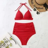 Women Two Pieces Halter Triangle Brassiere Ruched High Waist Bikini Swimsuit