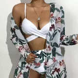 Women 3 Piece Criss Cross Push Up Tropical Prints Cover Up Kimonos Bikini Swimsuit