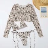 Women 3 Piece Leopard Prints Triangle Brassiere Side Tie Long Sleeve Tankini Cover Up Bikini Swimsuit