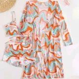 Women 3 Piece Color Prints Drawstring Knot Shorts Kimono Cover Up Bikini Swimsuit
