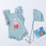 Girls Bathing Suits Cartoon Pig Riding The Bicycle One Piece Ruffled Cuff Swimsuits