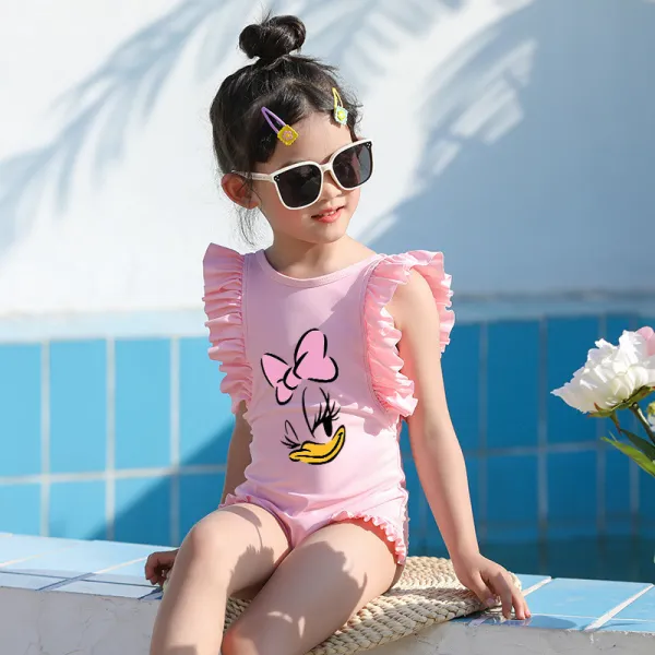 Girls Bathing Suits Cartoon Duck One Piece Ruffled Cuff Swimsuits