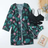 Women 3 Piece Sweetheart Criss Cross High Waist Cover Up Tropical Kimono Bikini Swimsuit