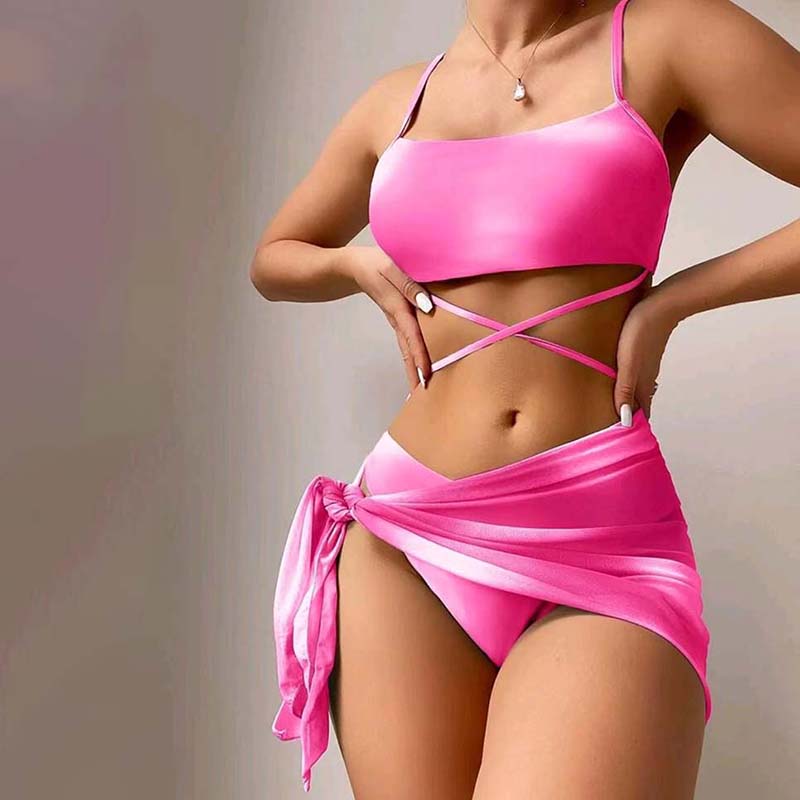 Women 3 Piece Ombre Criss Cross Tankini High Cut Cover Up Side Knot Skirt Bikini Swimsuit