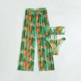 Women 3 Piece Color Block Tie Dye Bandeau Bowknot Halter High Cut Cover Up Pants Bikini Swimsuit