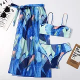 Women 3 Piece Watercolor Printing Tie Dye Sling Bandeau Cover Up Kimonos Bikini Swimsuit
