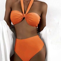 Women Two Pieces Halter Ruched Bandeau Bowknot High Waist Bikini Swimsuit
