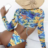 Women 3 Piece Leopard Prints Triangle Brassiere Side Tie Long Sleeve Tankini Cover Up Bikini Swimsuit