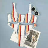 Women Two Pieces Tankini Color Block Striped High Waist Bikini Swimsuit