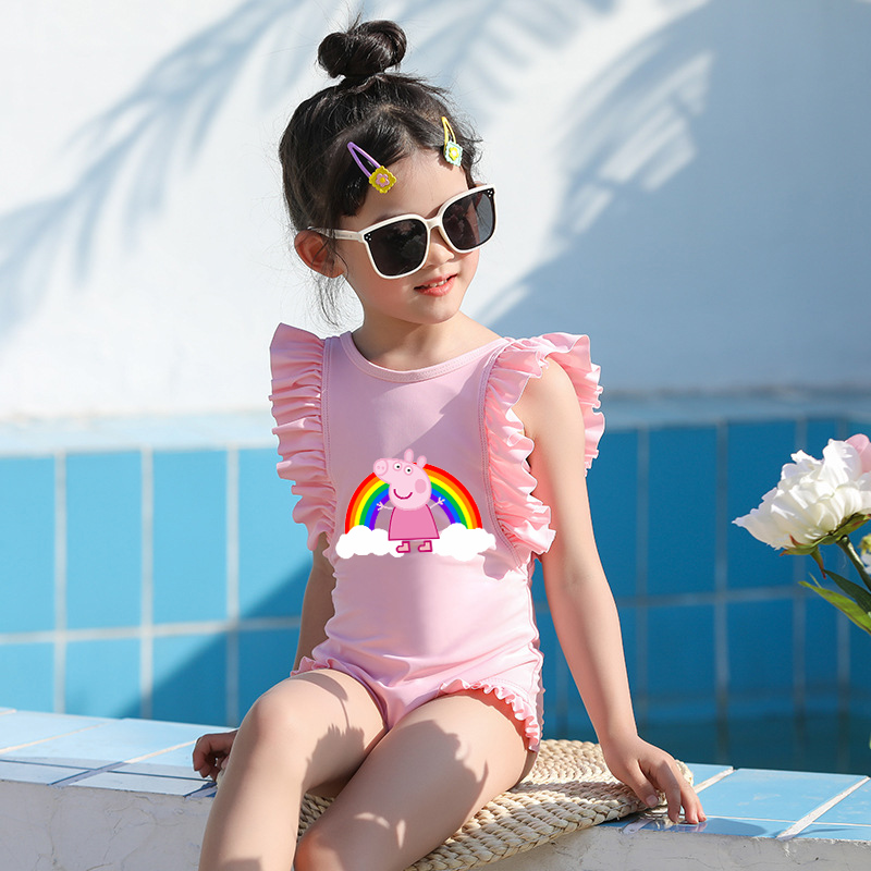 Girls Bathing Suits Cartoon Pig Rainbow One Piece Ruffled Cuff Swimsuits