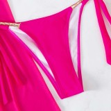Women 3 Piece Cut Out Halter Chain Linked High Cut Cover Up Belt Mesh Kimono Bikini Swimsuit