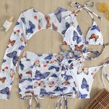 Women 4 Piece Butterfly Prints Triangle Halter Cover Up Drawstring Skirt Bikini Swimsuit