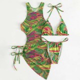 Women 3 Piece Ombre Triangle Halter Side Lace Up Dress Cover Up Bikini Swimsuit