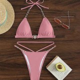 Women Two Pieces Chain Link Halter Heart Linked Plunging High Cut Bikini Swimsuit