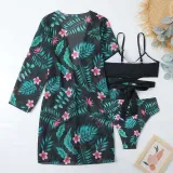 Women 3 Piece Sweetheart Criss Cross High Waist Cover Up Tropical Kimono Bikini Swimsuit