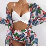 Women 3 Piece Criss Cross Push Up Tropical Prints Cover Up Kimonos Bikini Swimsuit