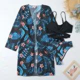 Women 3 Piece Sweetheart Criss Cross High Waist Cover Up Tropical Kimono Bikini Swimsuit
