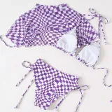 Women 3 Piece Purple LatticeTriangle Halter Side Tie Cut Out Tankini Cover Up Bikini Swimsuit