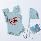 Girls Bathing Suits Cartoon Mouse Birthday Name Custom One Piece Ruffled Cuff Swimsuits