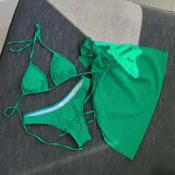 Women 3 Piece Solid Color Triangle Halter Side Knot Skirt Cover Up Bikini Swimsuit