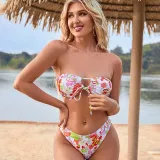 Women Two Pieces Ring Linked Plunging Ruched Bandeau Flower Prints Bikini Swimsuit