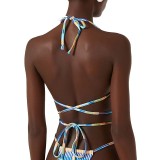 Women Two Pieces Halter Criss Cross Stripe Multicolour High Cut Bikini Swimsuit