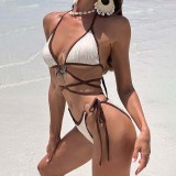 Women Two Pieces Halter Ring Linked Plunging Tie Side Criss Cross Bikini Swimsuit