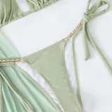 Women 3 Piece Cut Out Halter Chain Linked High Cut Cover Up Belt Mesh Kimono Bikini Swimsuit