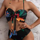 Women 3 Piece Flower Prints Ruched Bowknot Cover Up Skirt Bikini Swimsuit