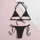 Women Two Pieces Halter Cut-out Micro Triangle Thong Side Tie High Cut Bikini Swimsuit