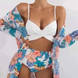 Women 3 Piece Criss Cross Push Up Tropical Prints Cover Up Kimonos Bikini Swimsuit