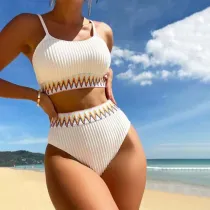 Women Two Pieces Tankini Color Block Chevron Tape High Waist Bikini Swimsuit