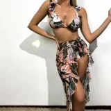 Women 3 Piece Flower Prints Triangle Rufflle Strap Cover Up Side Knot Kimono Bikini Swimsuit