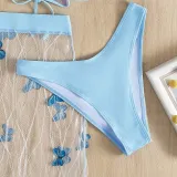 Women 3 Piece Drawstring Criss Cross Halter High Cut Cover Up Butterfly Mesh Skirt Bikini Swimsuit