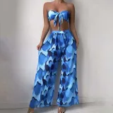Women 3 Piece Color Block Tie Dye Bandeau Bowknot Halter High Cut Cover Up Pants Bikini Swimsuit