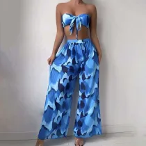 Women 3 Piece Color Block Tie Dye Bandeau Bowknot Halter High Cut Cover Up Pants Bikini Swimsuit