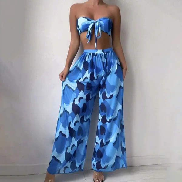 Women 3 Piece Color Block Tie Dye Bandeau Bowknot Halter High Cut Cover Up Pants Bikini Swimsuit