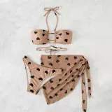 Women 3 Piece Heart Ring Linked Plunging Cover Up Heart Prints Mesh Skirt Bikini Swimsuit
