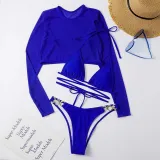 Women 3 Piece Triangle Brassiere Halter Ring Linked High Cut Mesh Tankini Cover Up Bikini Swimsuit