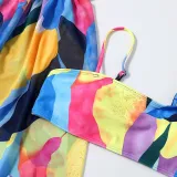 Women 3 Piece Watercolor Printing Tie Dye Sling Bandeau Cover Up Kimonos Bikini Swimsuit