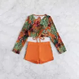 Women Two Piece Long Sleeve Flower Prints Back Lace Up Tankini and Shorts Bikini Swimsuit