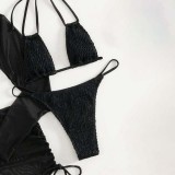 Women 3 Piece Solid Smocked Halter Cover Up Mesh Skirt Bikini Swimsuit