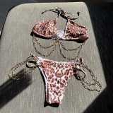 Women Two Pieces Chain Ring Linked Plunging High Cut Bikini Swimsuit