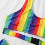 Women Two Pieces Tankini Cut Out Rainbow Color Block High Cut Bikini Swimsuit