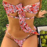 Women Two Pieces Bandeau Front Knot Ribbed Padded String Thong Side Tie Bikini Swimsuit