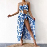 Women 3 Piece Flower Prints Ruched Bowknot Cover Up Skirt Bikini Swimsuit