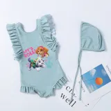 Girls Bathing Suits Let's Roll Cartoon Dogs One Piece Ruffled Cuff Swimsuits