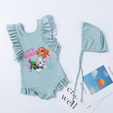 Girls Bathing Suits Let's Roll Cartoon Dogs One Piece Ruffled Cuff Swimsuits